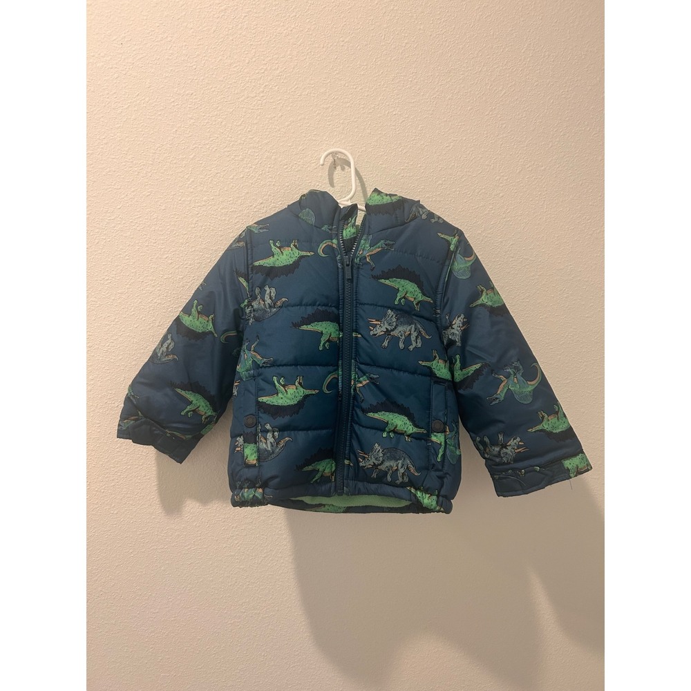 Carters Toddler Boy Blue Dinosaur Puffer Jacket with Hood Spikes 3T